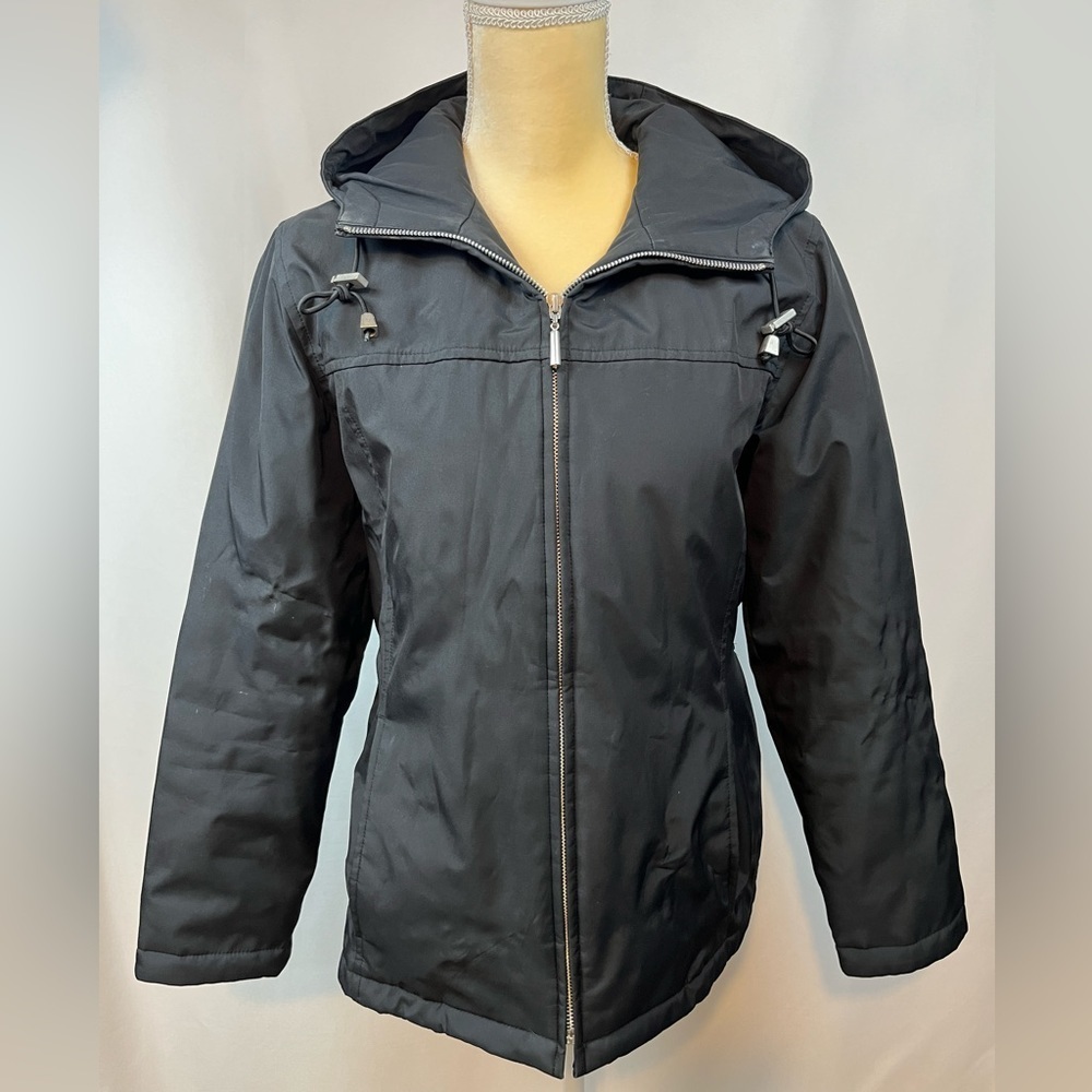 Black Front Zipper Lined Jacket with Cap Size Small